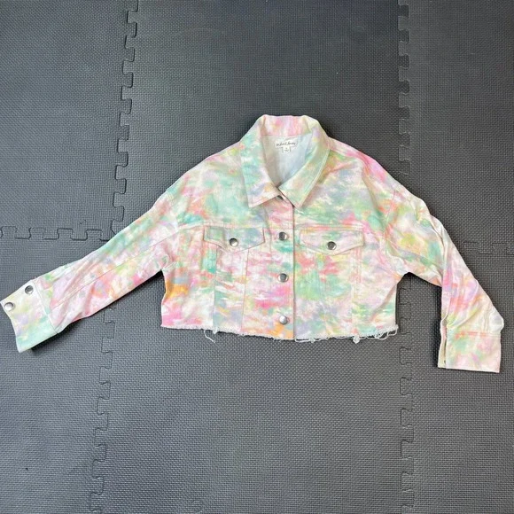 For Love &‎ Lemons Tie Dye Cropped Denim Jacket Frayed Hem Pastel Med Boho - Picture 6 of 10